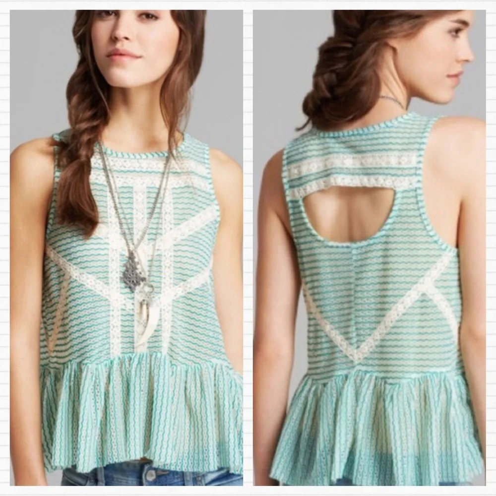 Free People Green Lace Crochet Stripe Peplum Top